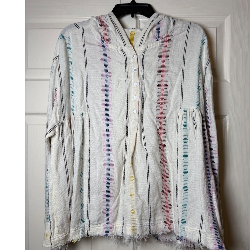 Dylan by True‎ Grit Striped Cotton Hoodie Top Multi Color Boho Frayed Hem Medium
